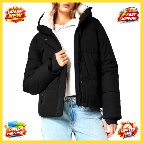 Women's Cropped Puffer Jacket with Removable Hood, Faux Fur Lined, Size M